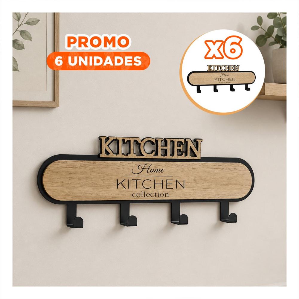 Pack6 Perchero Funcional Kitchen Negro y Beige con 4 Ganchos 39cm YRegalo Sticker