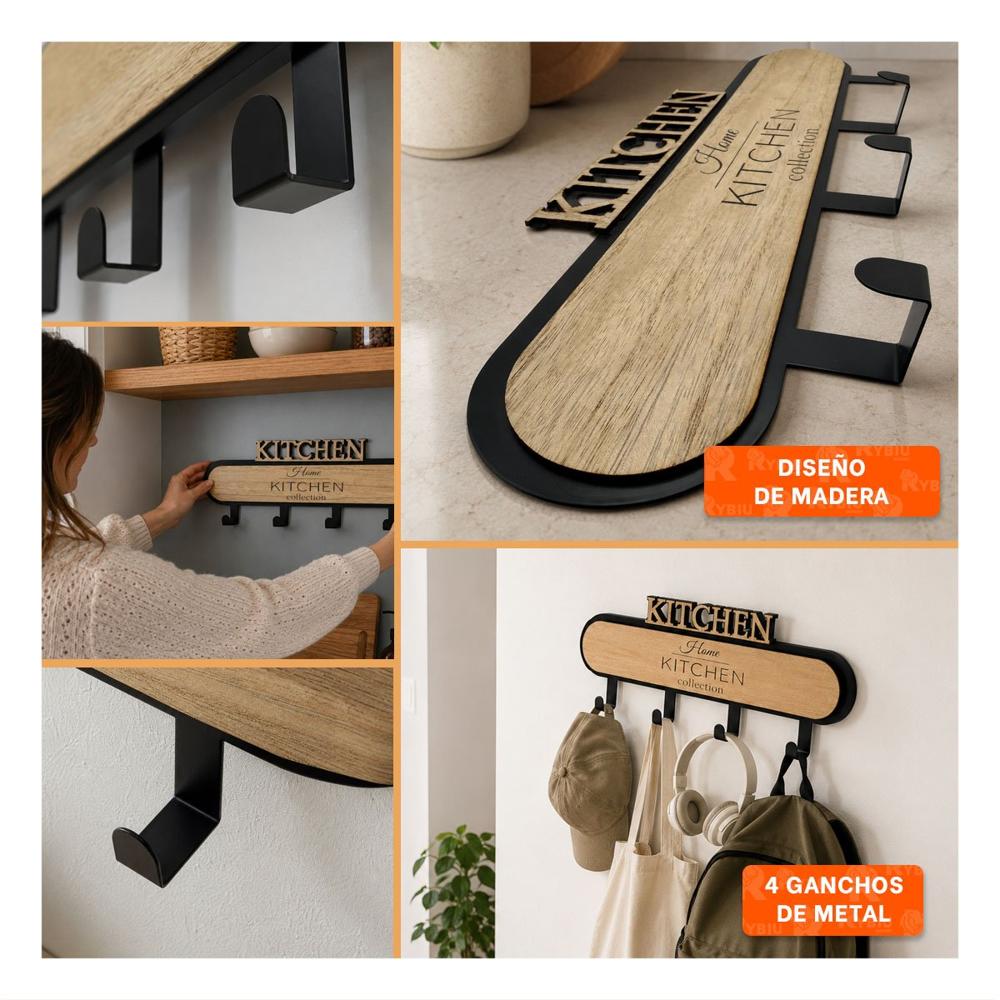 Perchero para Entrada Kitchen Negro y Beige con 4 Ganchos 39cm