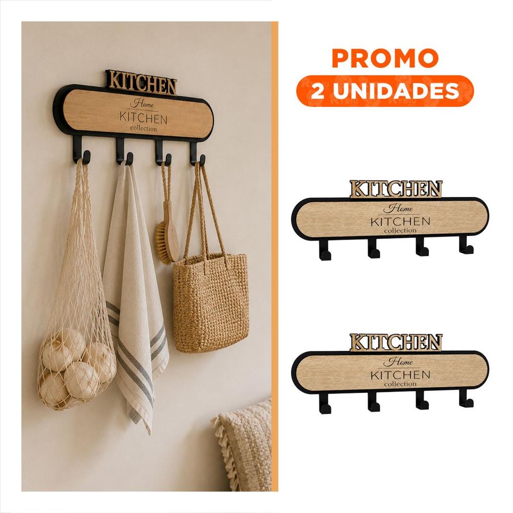 Pack2 Colgador con para Pared Kitchen Negro y Beige 39cm y 4 Ganchos Funcionales