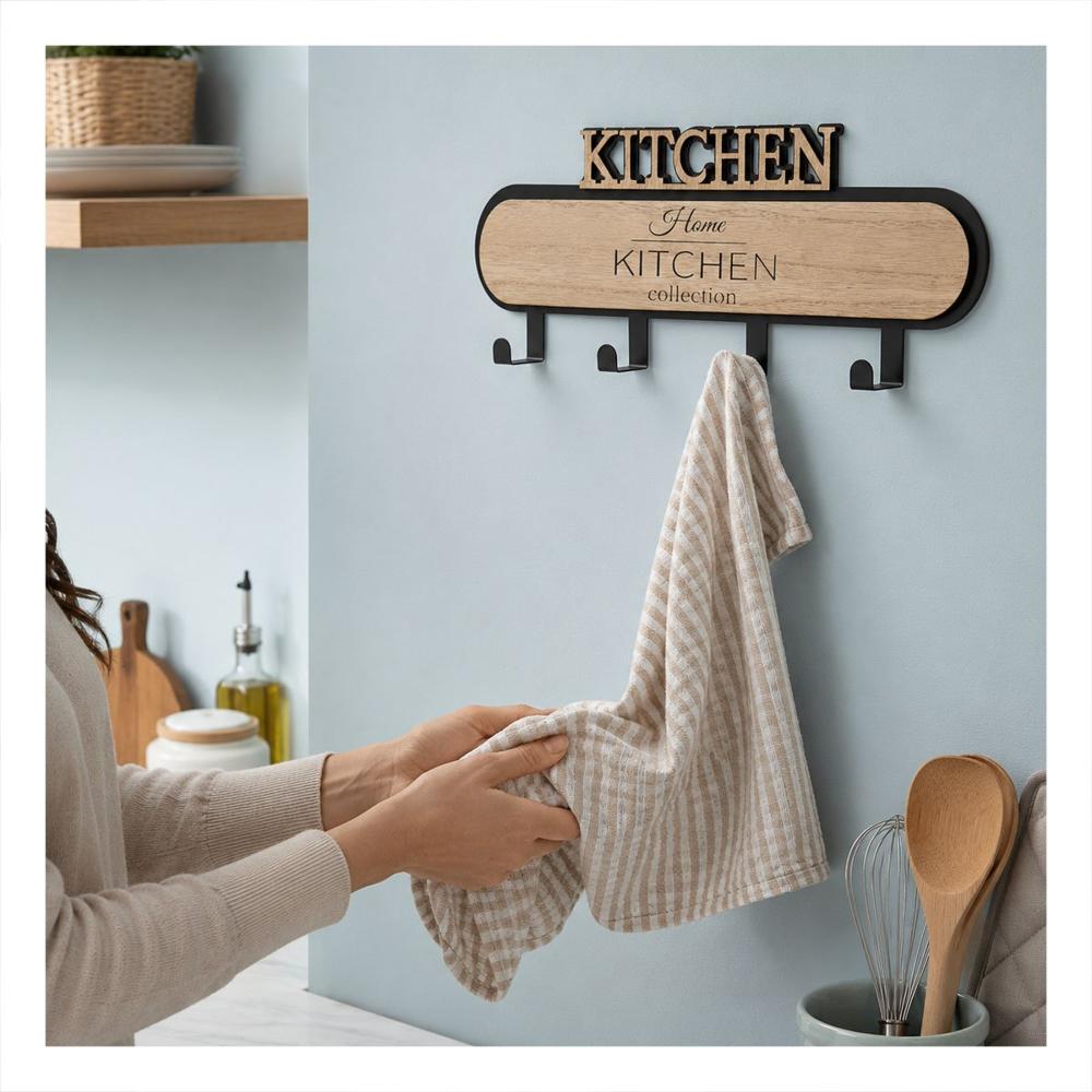 Perchero de Kitchen Negro y Beige para Pared 39cm con 4 Ganchos Multiuso Y Sticky