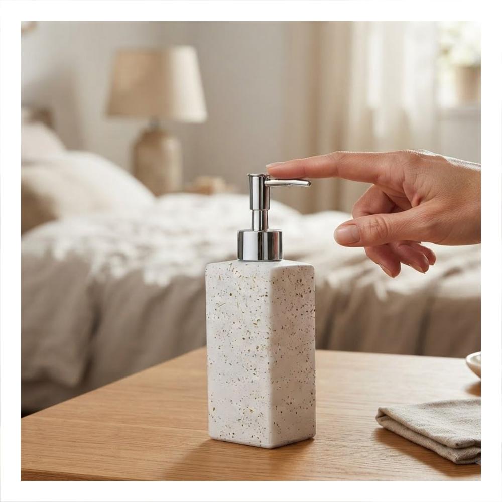 Dispensador de Jabon para Lavamanos Color Blanco con Detalles Dorados  Y Post It