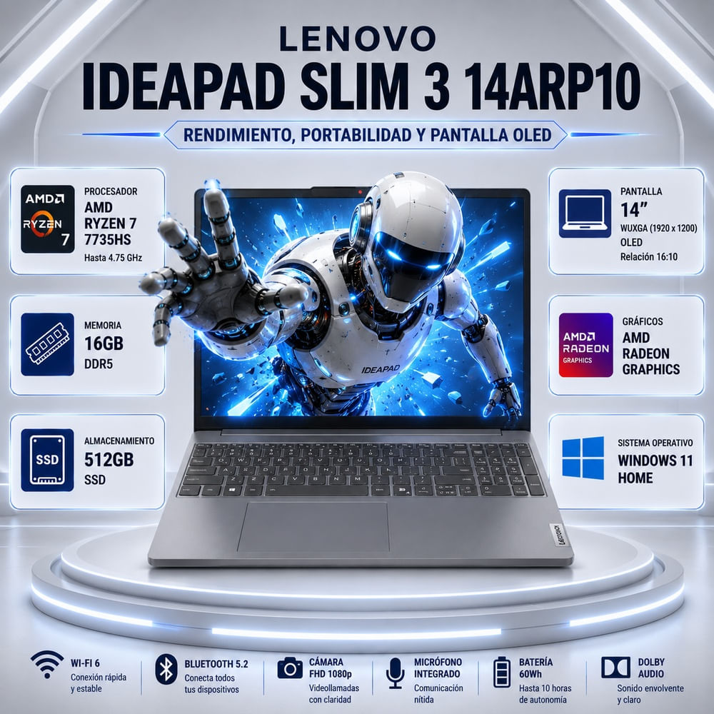 Laptop Lenovo IdeaPad Slim 3 14ARP10 Ryzen 7 7735HS 16GB 512GB SSD 14   WUXGA OLED 83K600EPLM