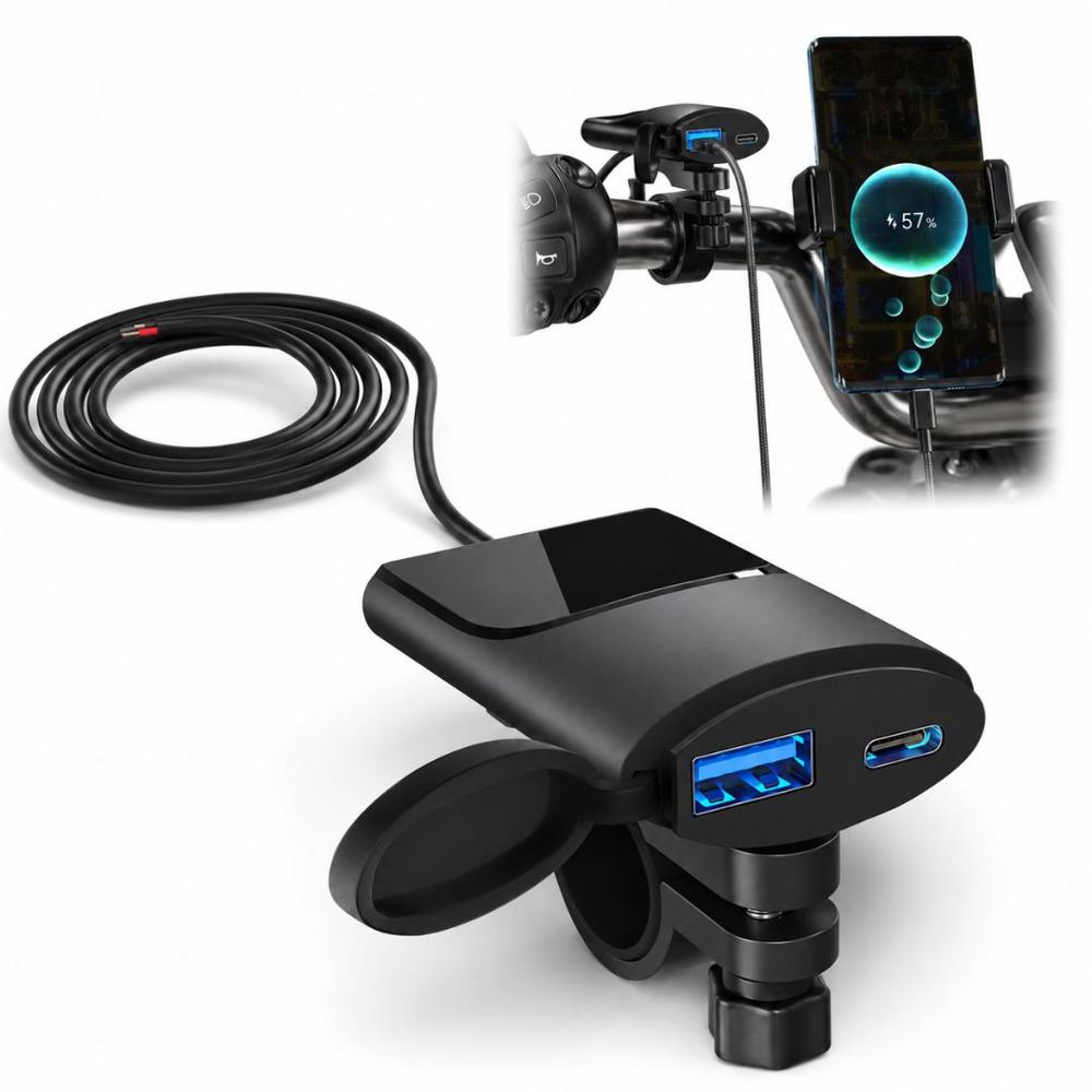 Cargador para Moto Motocicleta 12V-24V 18W-30W Doble Puerto Carga Rápida USB-Tipo C