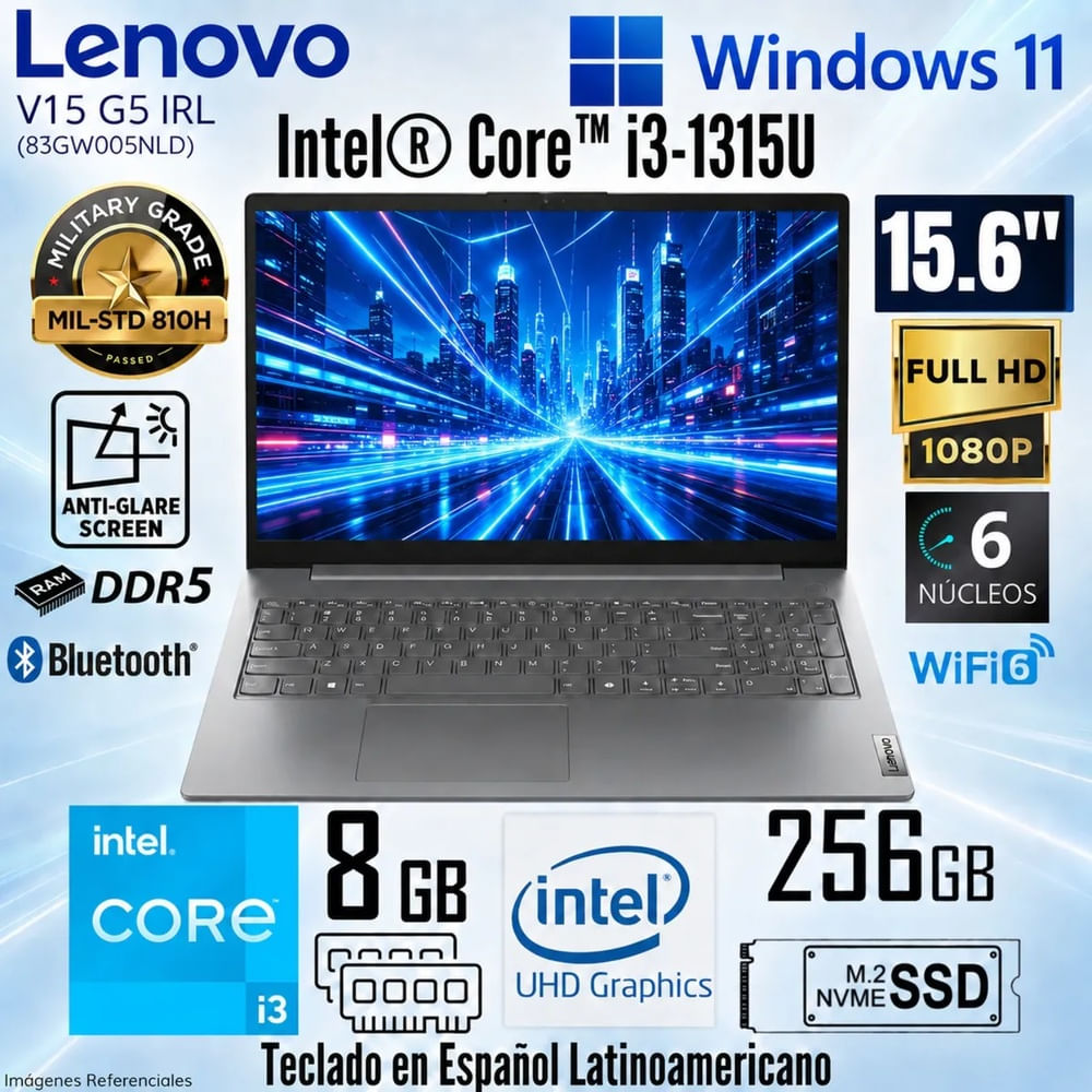 Lenovo V15 G5 IRL 15.6  FHD Intel Core i3-1315U 8GB DDR5 256GB SSD Intel UHD Graphics 83GW005NLD