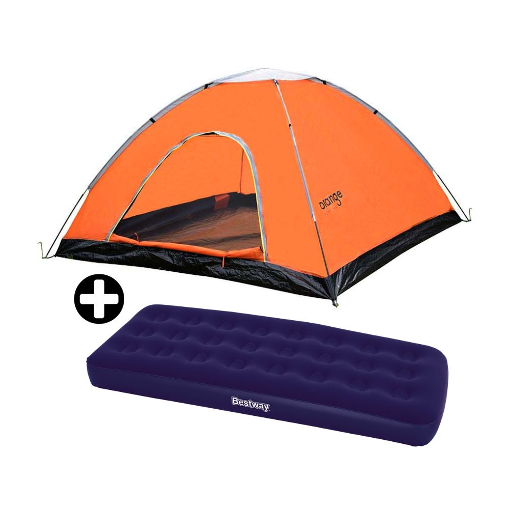 COMBO Carpa Estructural Dome Pack 6P Orange 240x240cm + Colchón Inflable 1 Plaza Bestway Felpa Vinil Azul