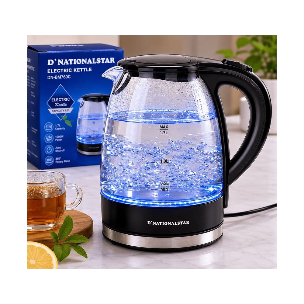 Hervidor Eléctrico D’Nationalstar DN-BM760C 1.7L Vidrio Resistente con Apagado Automático