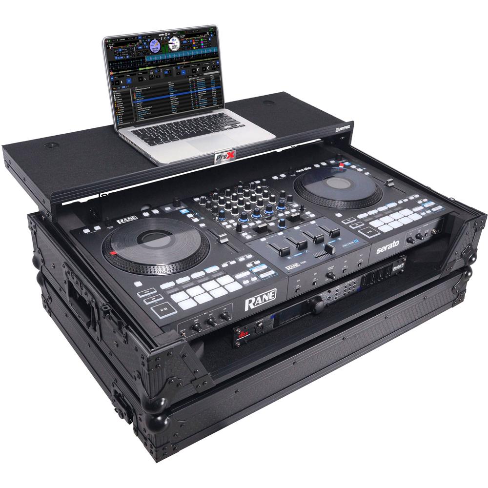 ProX Flight Case para Controlador DJ RANE Four con Estante para Laptop y LED RGB, 1 RU, Ne