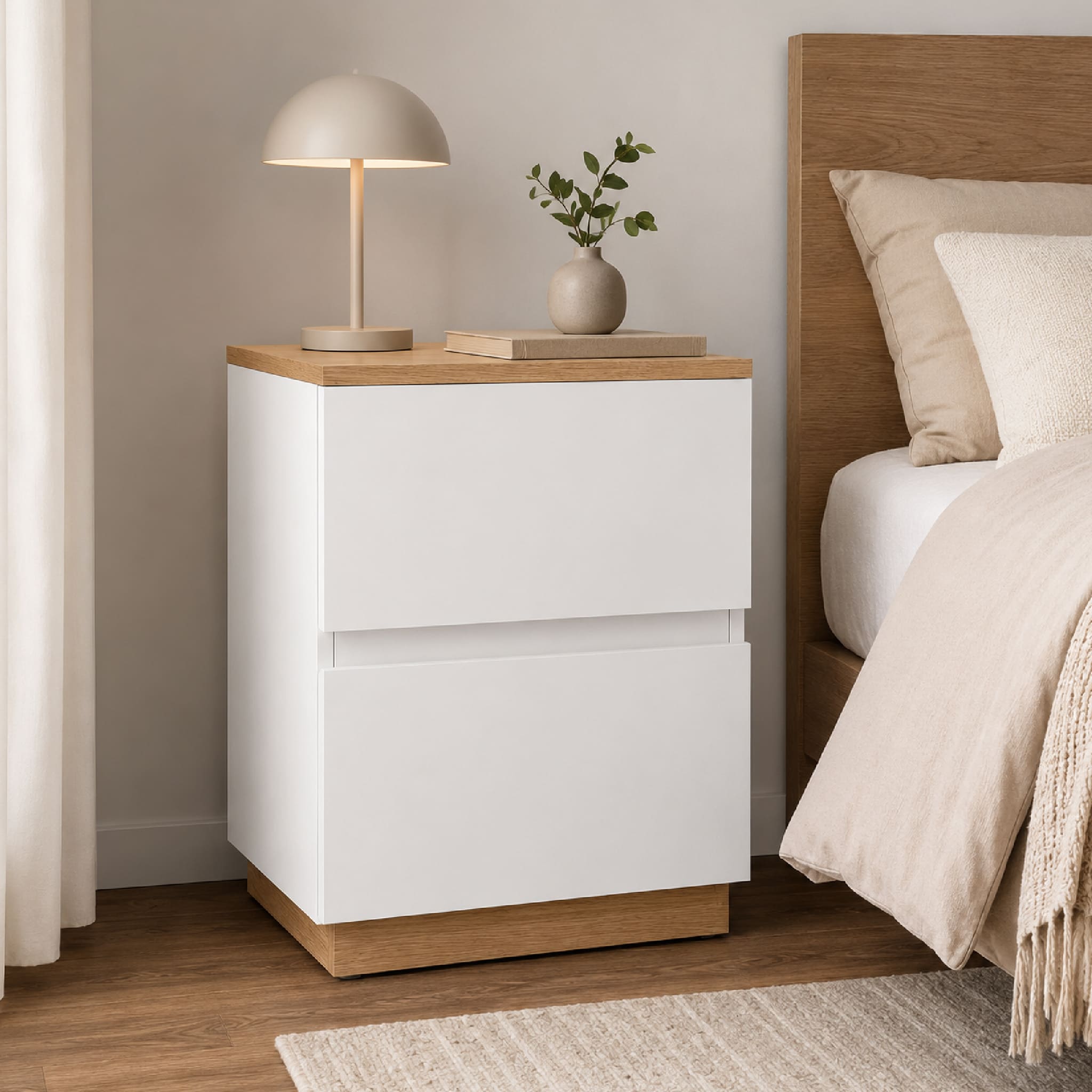 Velador Moderno Melamina 2 Cajones Y Tablero Amaderado - Muebleo.pe