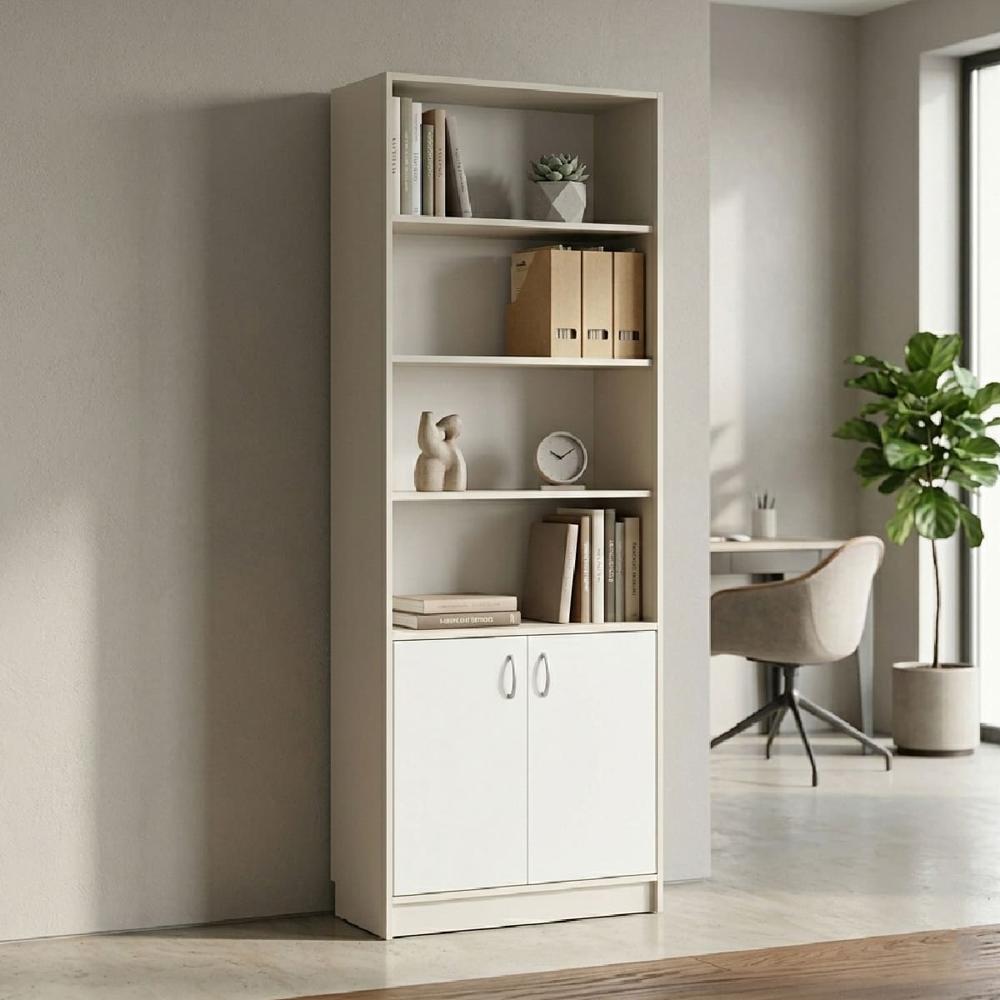 Estante Librero Alto Con Repisas 2 Puertas Melamina Blanco - Muebleo.pe