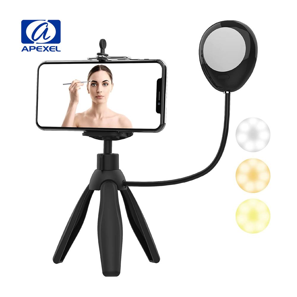 Trípode Apexel APL-JJ21Y para Smartphone con Luz de Anillo Ajustable 360° Negro