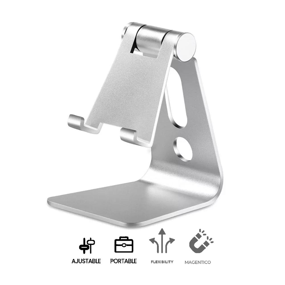 Soporte Celular Tablet Aluminio HS218 Ajustable Plegable Escritorio Plateado