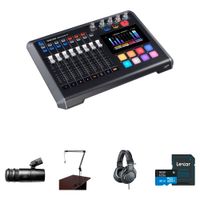 TASCAM Mixcast 4 Kit de Podcast con Mezclador-Grabador, Micrófono Audio-Technica, Brazo d