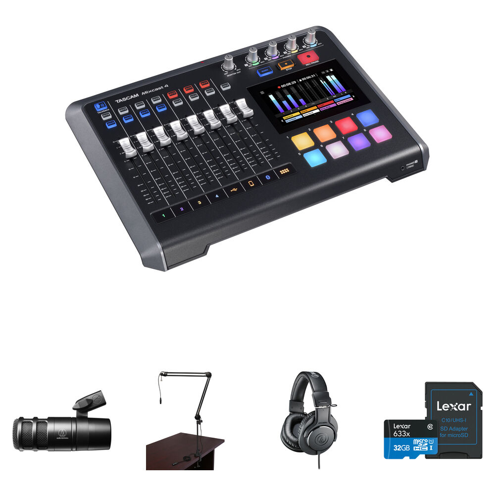 TASCAM Mixcast 4 Kit de Podcast con Mezclador-Grabador, Micrófono Audio-Technica, Brazo d