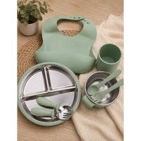 Set de Alimentación de Acero y Silicona para Bebé 8 Piezas Color Verde Pastel