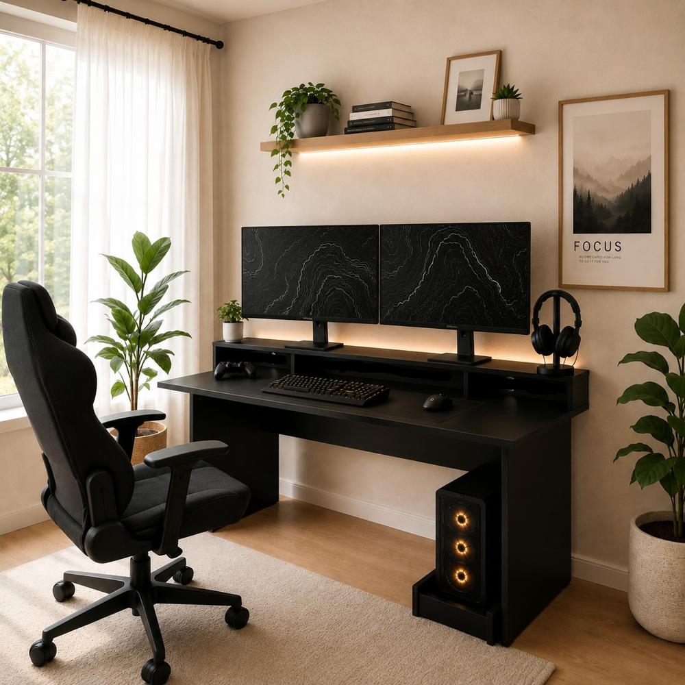 Escritorio Gamer Moderno Negro Soporte Para Pc Y Monitores