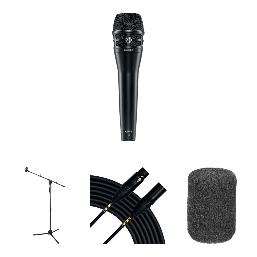 Shure KSM8 Mic Kit - Mic de Mano Dinámico Dualdyne con Soporte, Cable XLR y Paravientos