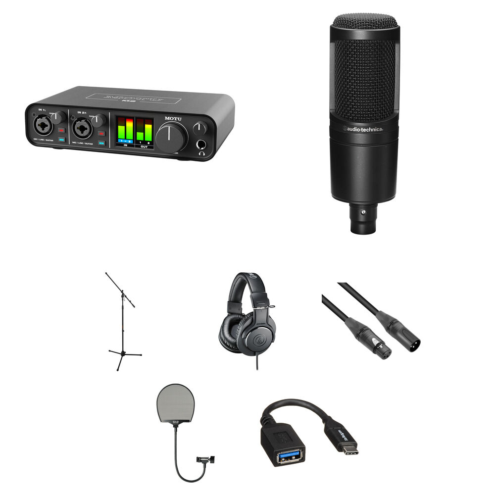MOTU M2 Home Recording Kit con Micrófono Condensador AT2020, Interfaz de Audio 24-Bit/192