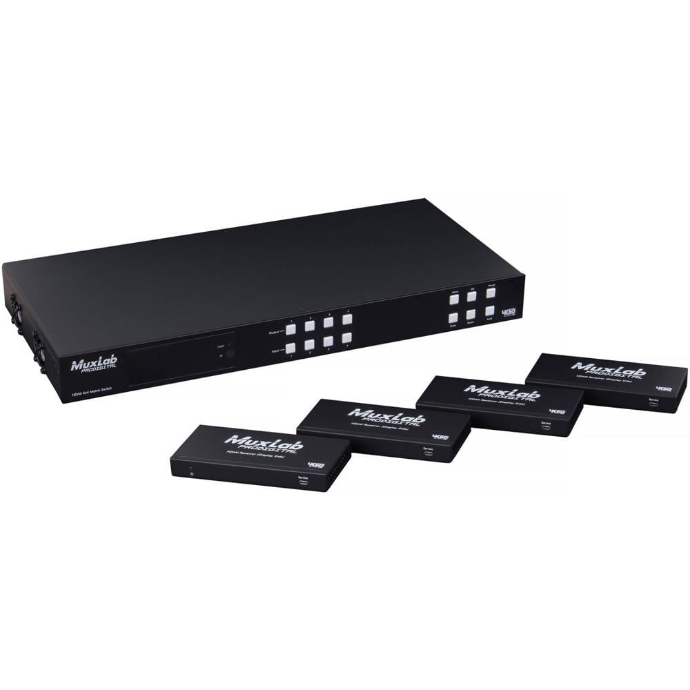 MuxLab HDMI 4x4 Matrix Switcher Kit V2 con 4 HDBaseT Receivers, Soporte 4K, Control IR y W