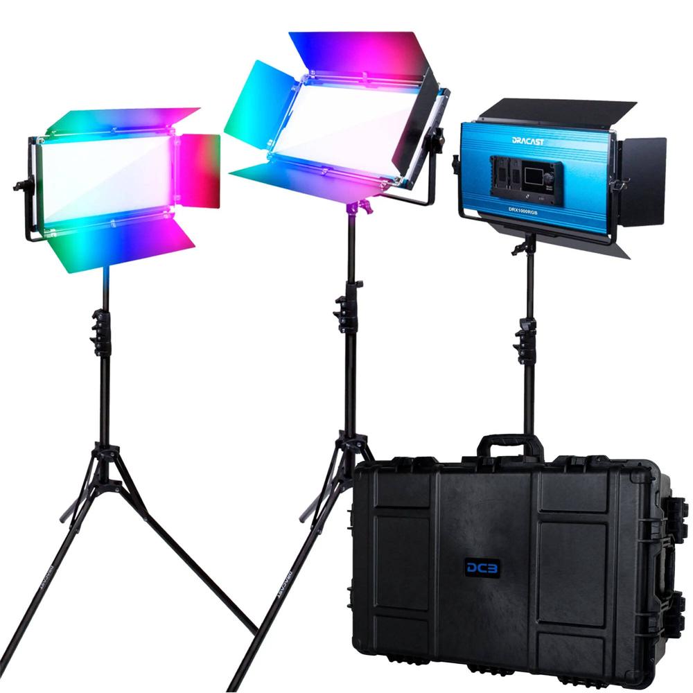 Dracast X Series LED1000 RGB Panel Kit - 3 Luces con Barndoors y Soportes, Control de Colo