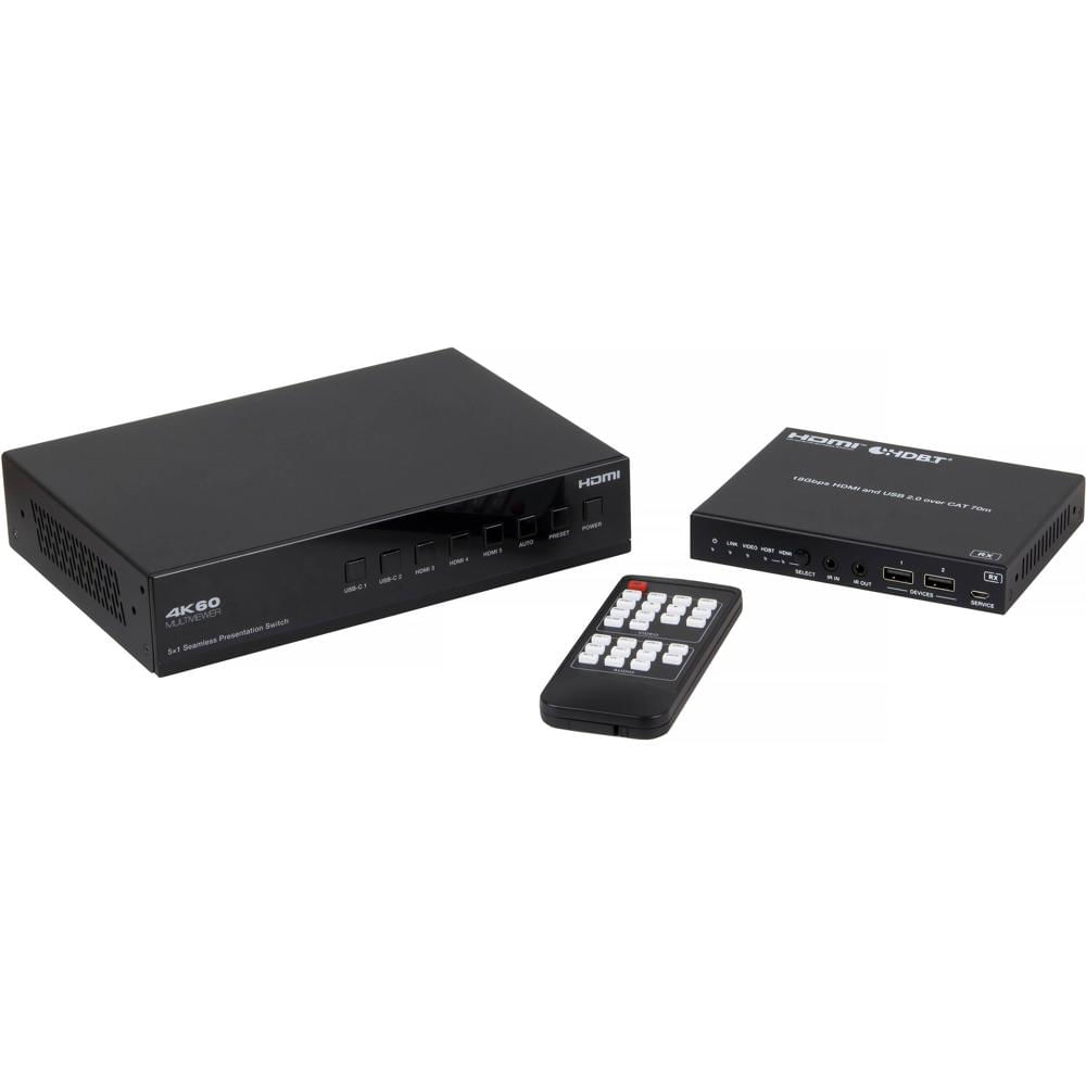 MuxLab Switcher de Presentación 5x1 USB-C/HDMI con Dante, Resolución 4K60, Soporte HDBas
