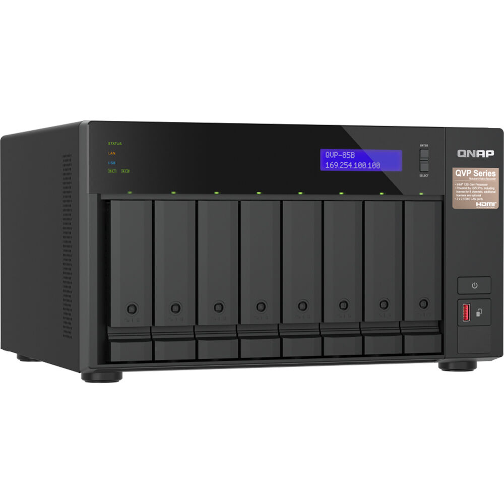 QNAP QVP-85B NVR NAS Enclosure 8-Bay con Intel Core i5, 32GB RAM, 2.5G Ethernet y soporte