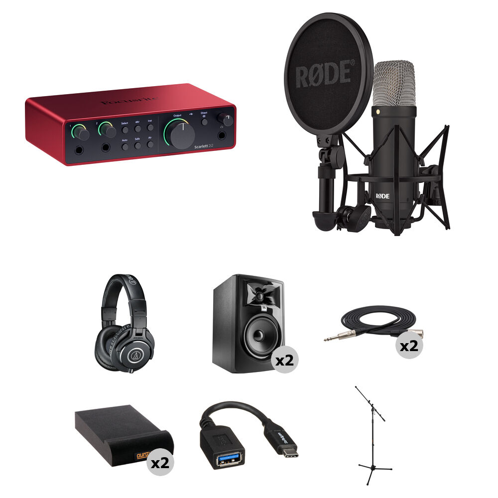 Focusrite Scarlett 2i2 4ta Generación Interfaz de Audio USB-C con Micrófono Rode NT1 y M