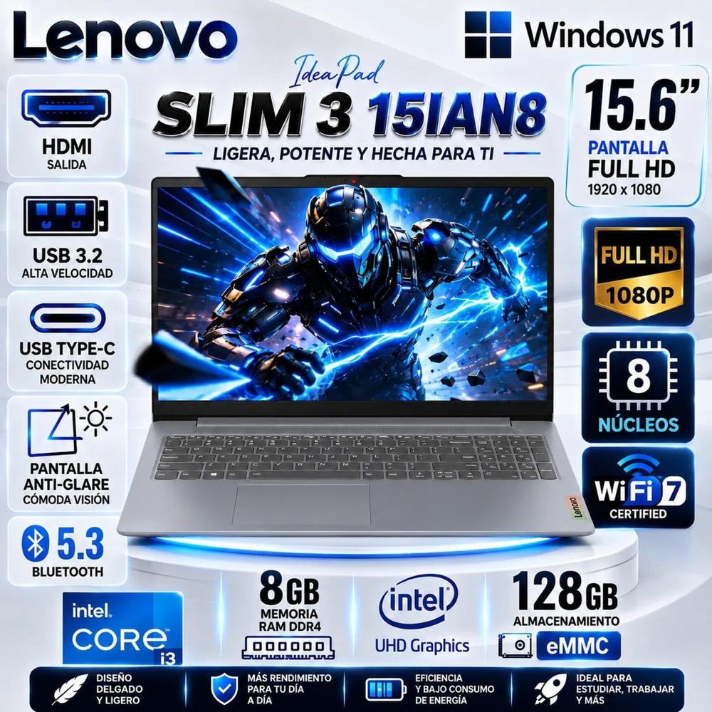 Laptop Lenovo IdeaPad Slim 3 15IAN8 Core i3-N305 8GB 128GB UFS 15.6 FHD Win11 82XB00C2US
