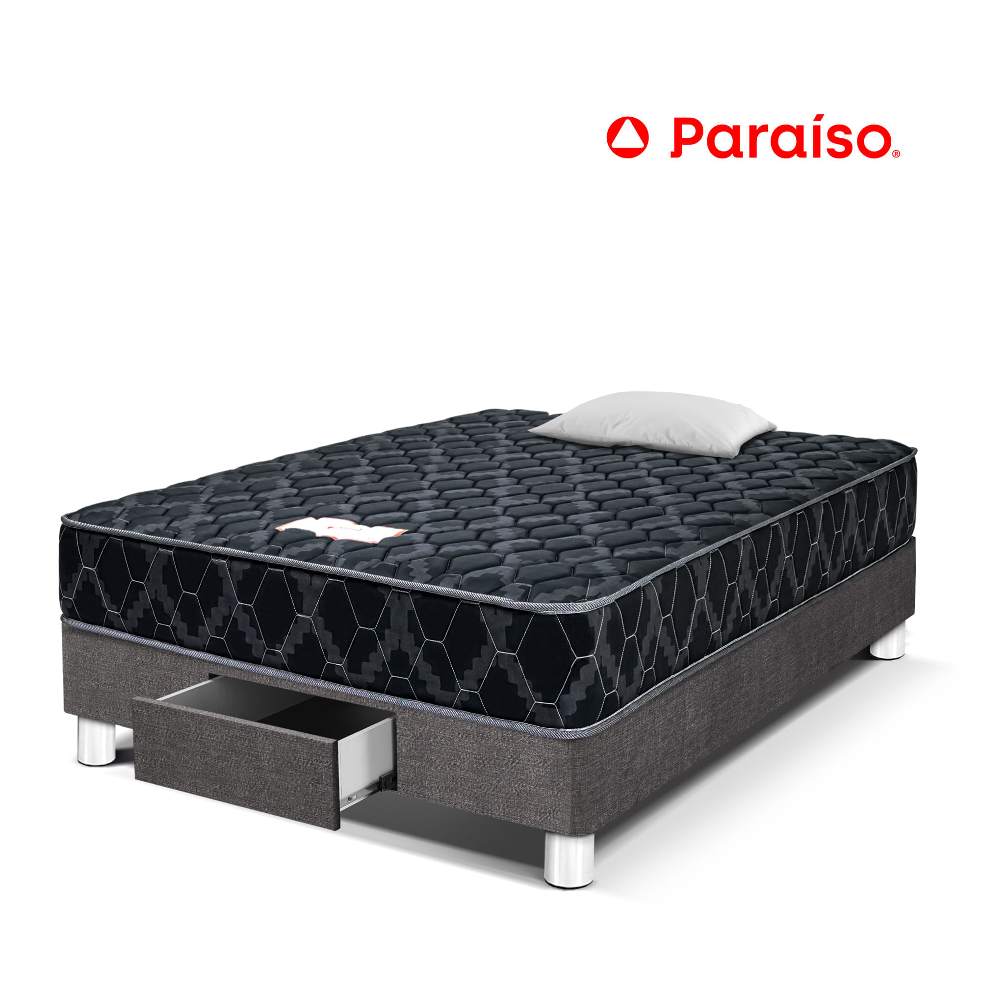 Cama PARAISO Consul Black con Cajones 1.5 Plazas + Almohadas + Protector