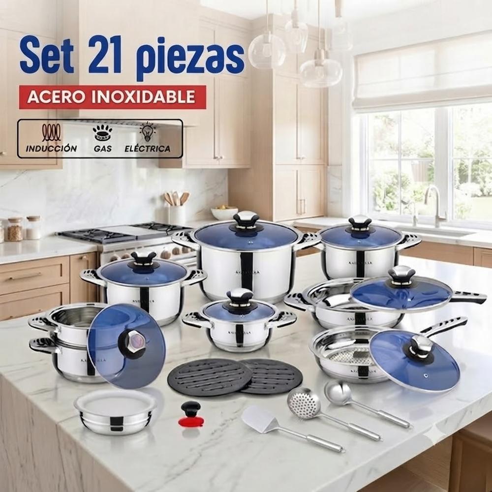 Juego de Ollas 21 piezas Acero Inoxidable Kaisa Villa KV21G Tapa con Medidor de Temperatura.