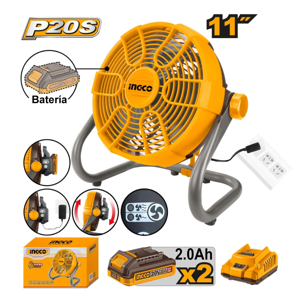 Ventilador Inalámbrico e Eléctrico Ingco 20V y 220V CFALI2002 con 2 Baterías y 1 Cargador FBCPK2212