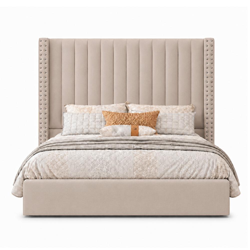 Cama Tapizada Listón con Tachuelas LeMueble Trigo 1.5 Plz