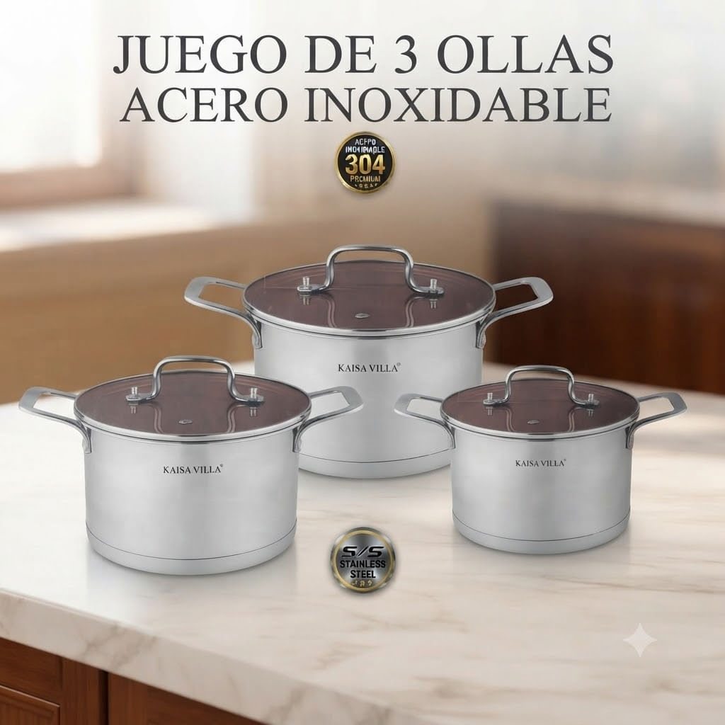 Juego de Ollas 6 piezas Acero Inoxidable Doble Refuerzo Kaisa Villa KV-1050