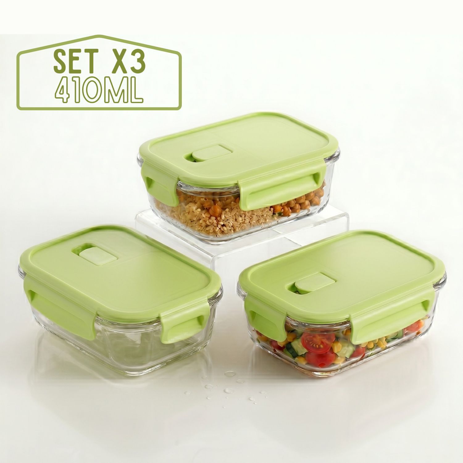 Taper Hermético de Vidrio para Snacks 410ml Pack 3 Verde