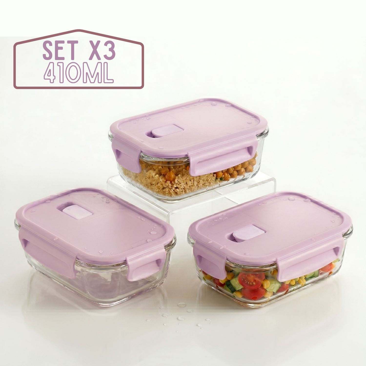 Taper Hermético de Vidrio para Snacks 410ml Pack 3 Rosa