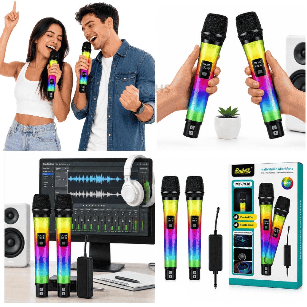 Micrófono Inalámbrico Baihuo MY-7938 RGB Set De 2 Recargables Con Receptor 2.4G Para Karaoke