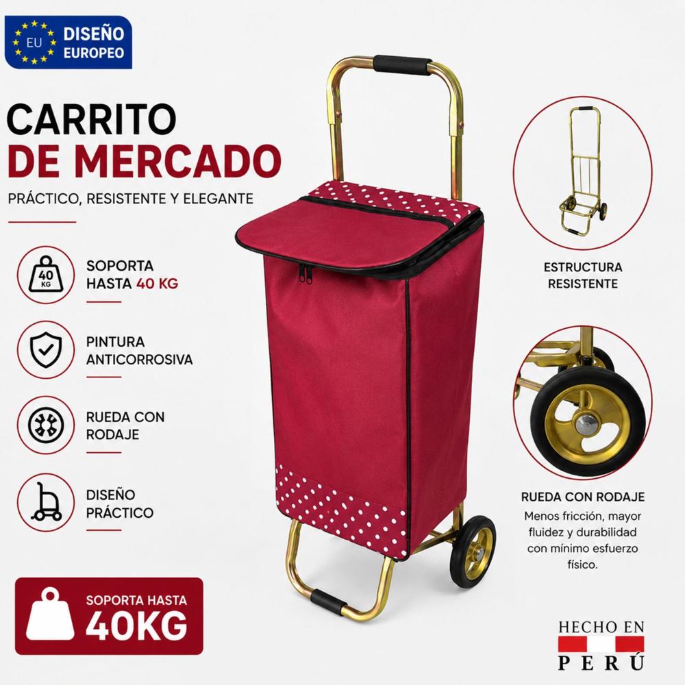 Carrito de compras modelo pro con rodaje y bolso color vino
