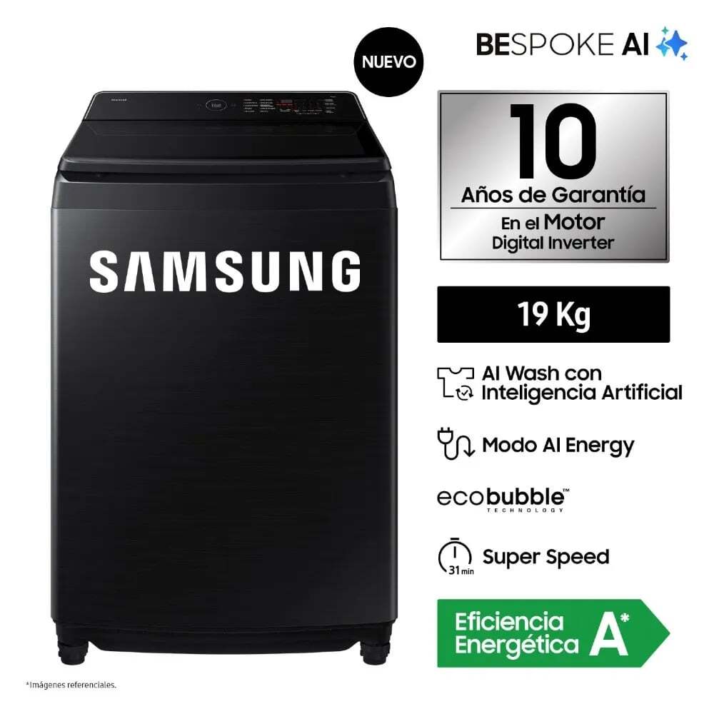 Lavadora Samsung AI Wash EcoBubble 19kg Negra WA80F19S8BPE