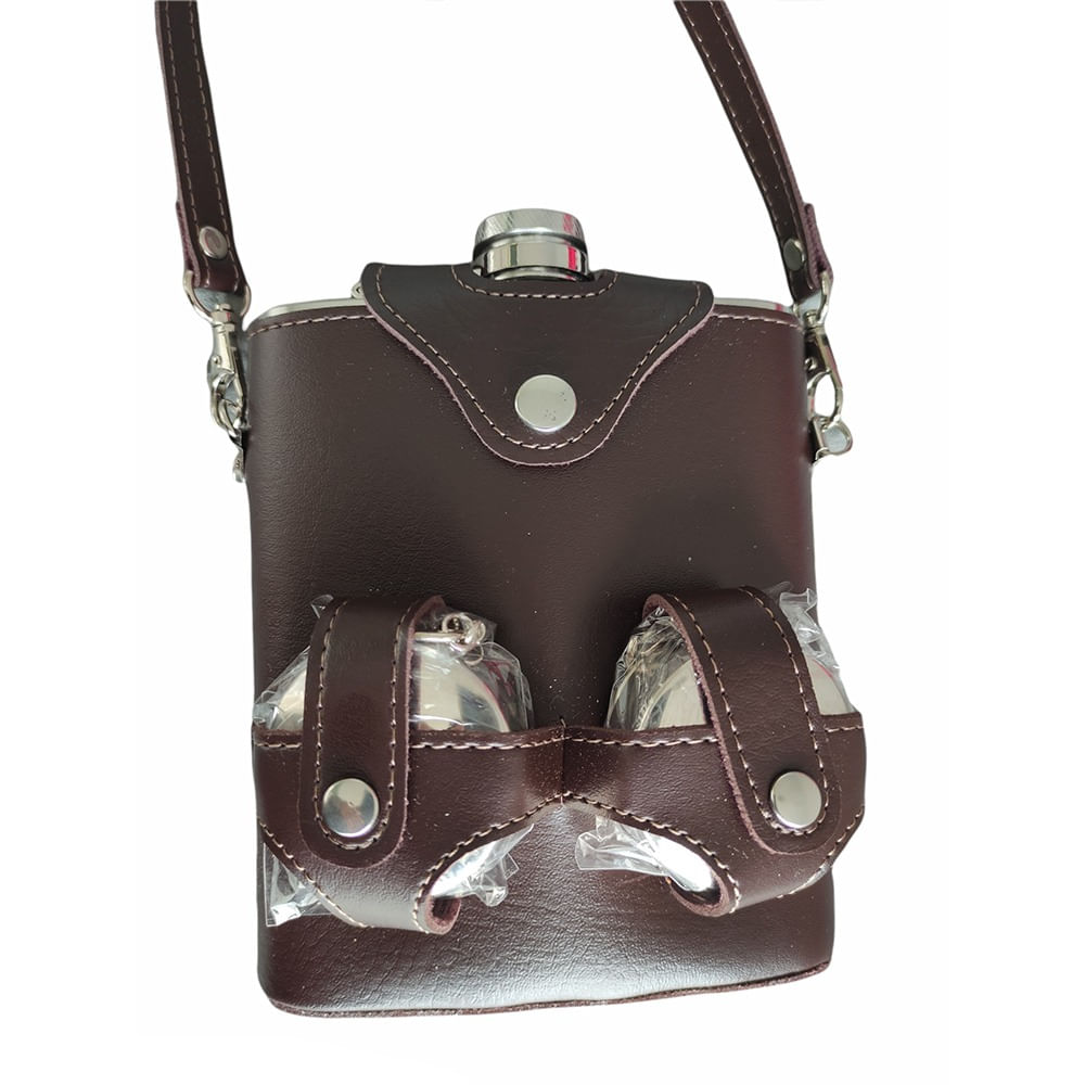 Licorera Acero Inoxidable 18 Oz Con Forro Cuero Con 2 Vasos Marron