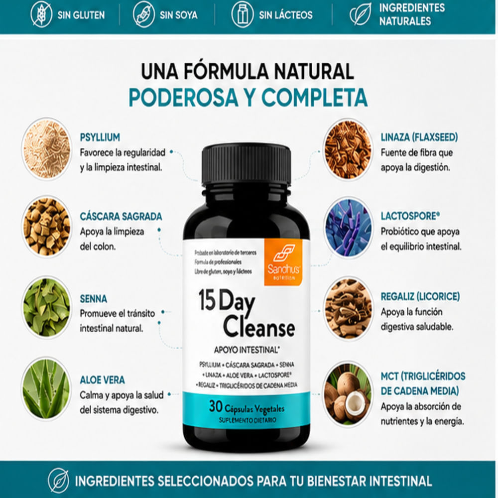 15 DAY CLEANSE SANDHU'S LIMPIEZA INTESTINAL Y APOYO DIGESTIVO NATURAL 30 CÁPSULAS