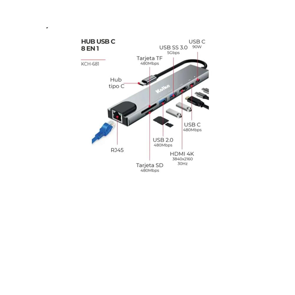 HUB USB C KOLKE 8 en 1 con puertos USB 3 Tipo C SD Micro SD HDMI TF y RJ45