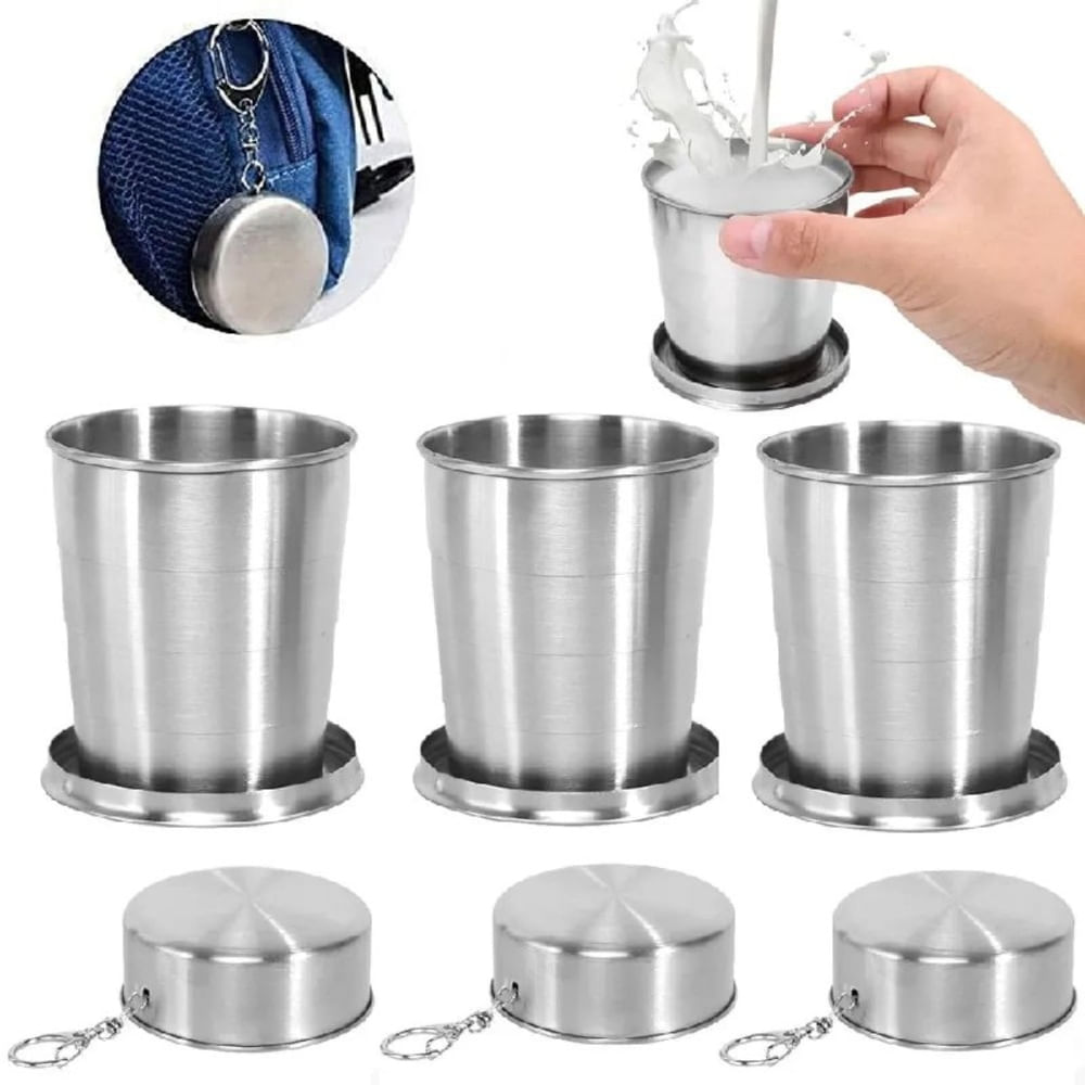 3 Vasos Plegable de Acero Inoxidable 8.5cm con Llavero Reutilizable 250ml