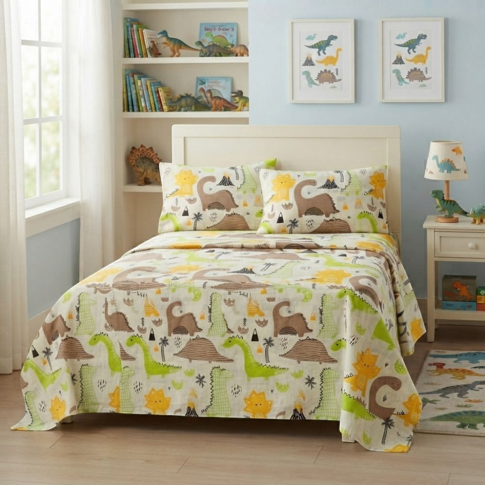 Juego de sabanas kids orma hogar 1.5 plazas dino aventura verde
