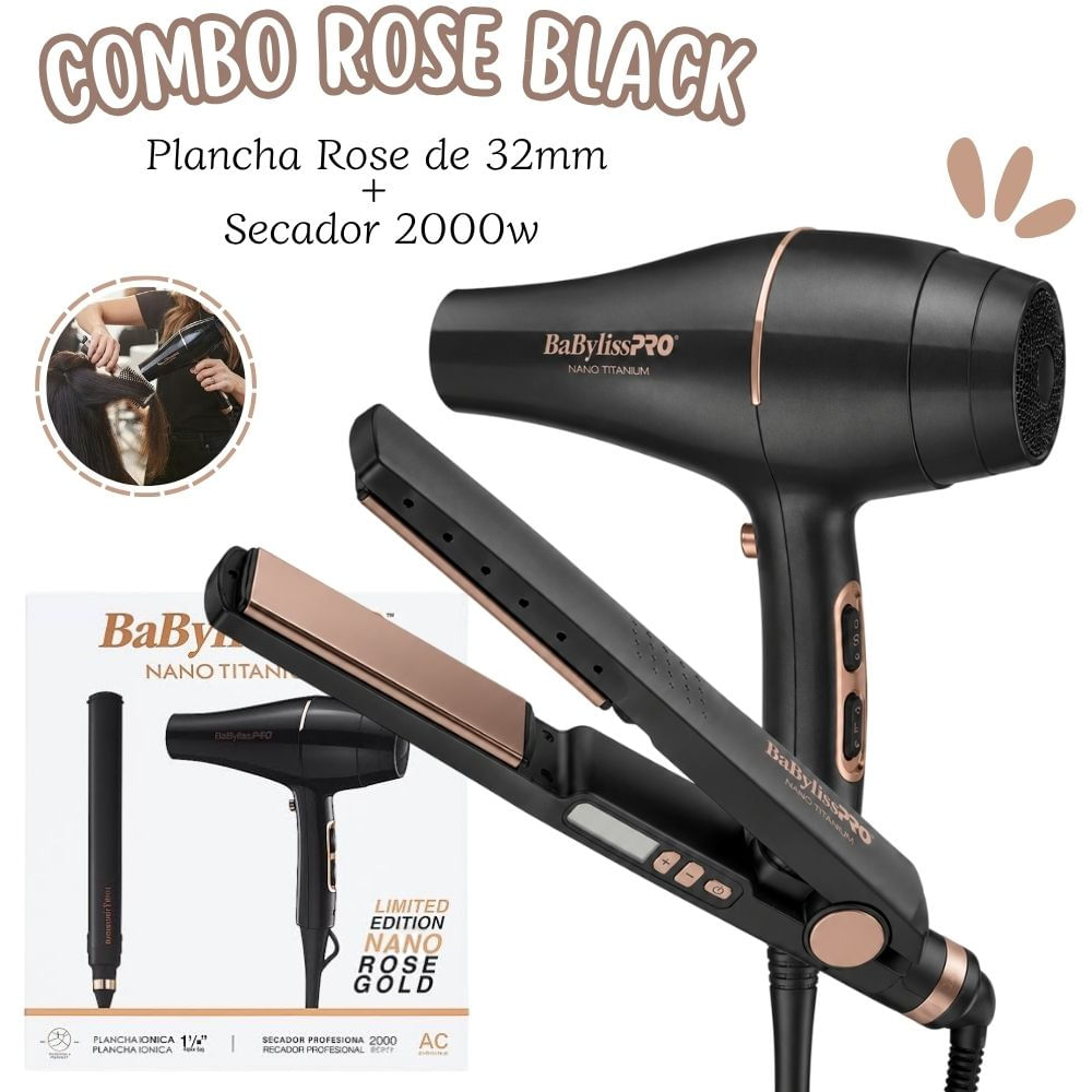 Combo BabylissPro Edicion Ilimitada Plancha Black Rosey Secador Nano Rose - BNTRGPP43PE