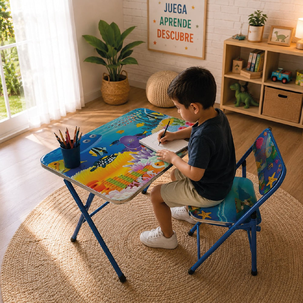 Mesa y Silla Infantil Escritorio Unisex Diseño Aventura Marina