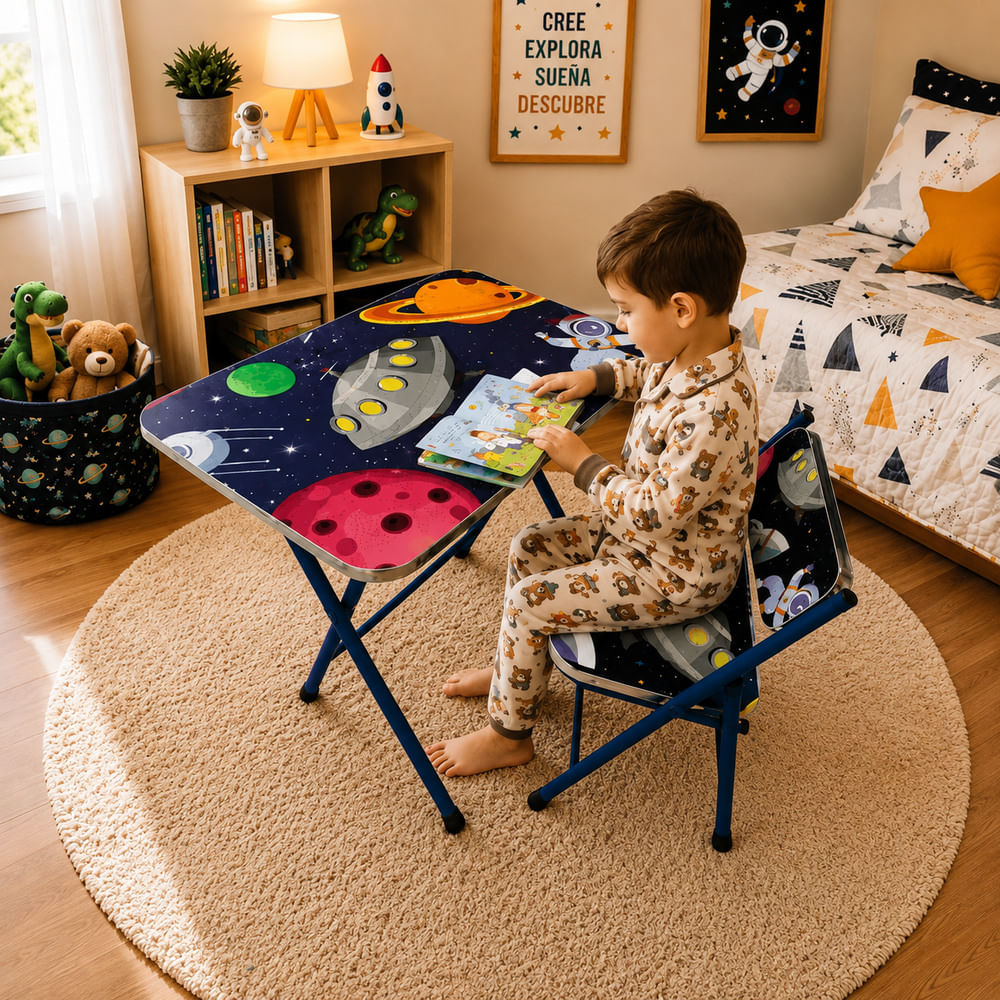 Mesa y Silla Infantil Escritorio Unisex Diseño Aventura Galactica
