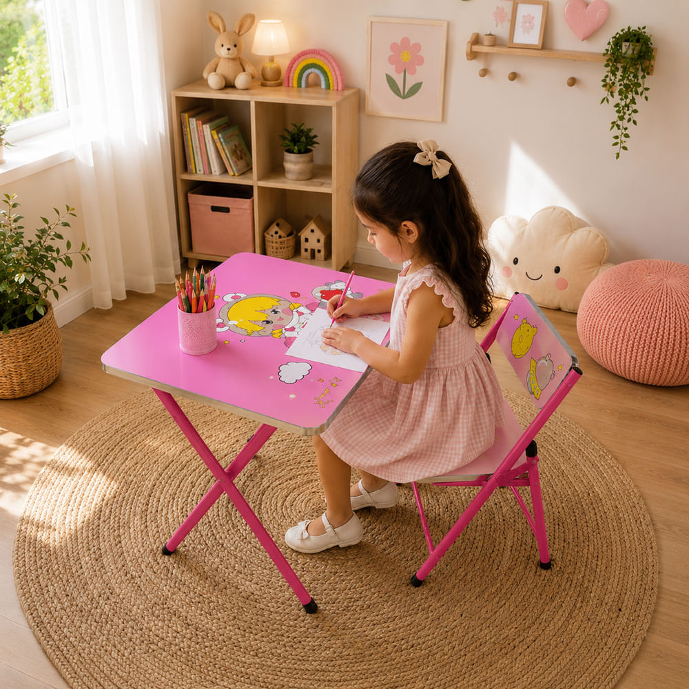 Mesa y Silla Infantil Escritorio para Niñas Diseño Dulce Fantasía