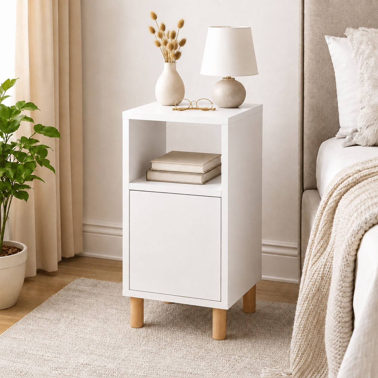 Velador Mesa De Noche Melamine Nórdico Blanco Con Patas - Muebleo.pe