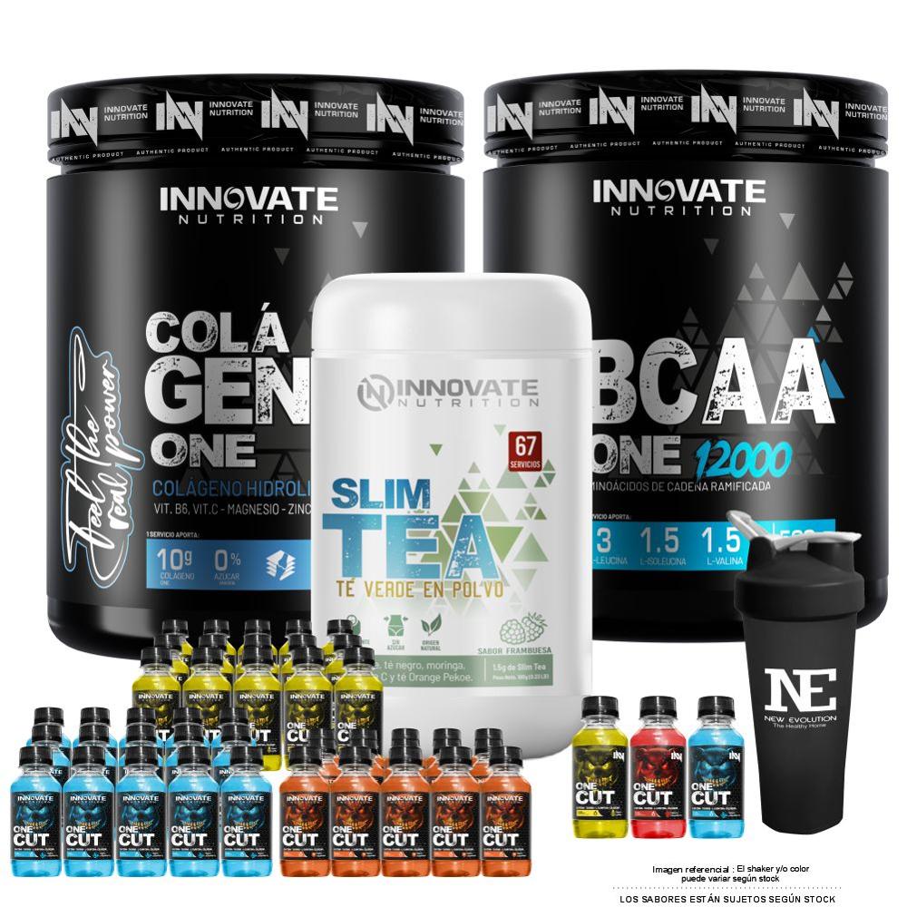 COMBO INN - BCAA ONE 500GR NARANJA Y COLÁGENO ONE 500GR MORA Y SLIM TEA Y 3 ONE CUT PACK Y SHAKER