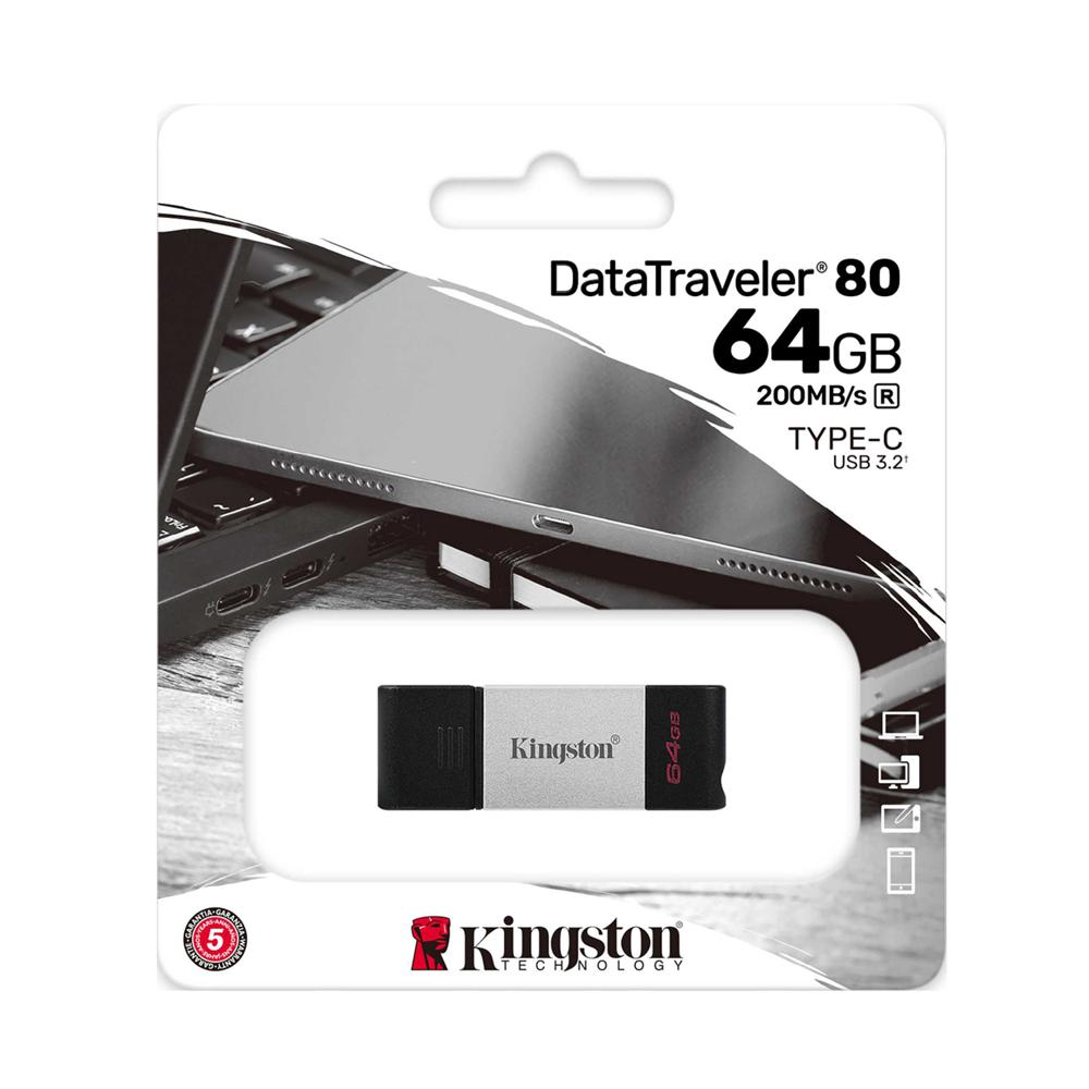 Memoria USB-C Kingston DataTraveler 80 64GB USB 3.2 200MB/s DT80 NegroGris