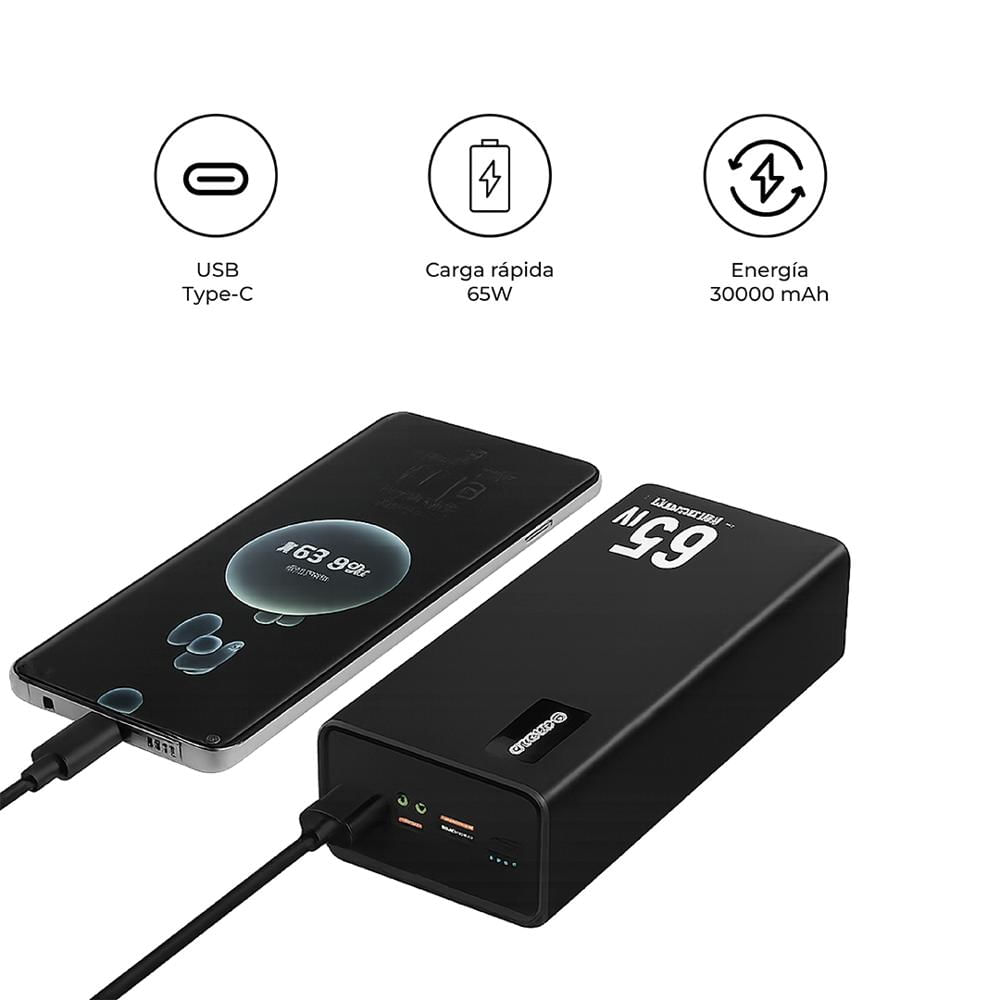 Power Bank Portátil RYS-M16 30000mAh 65W Carga Rápida USB-C para Laptop y Smartphone